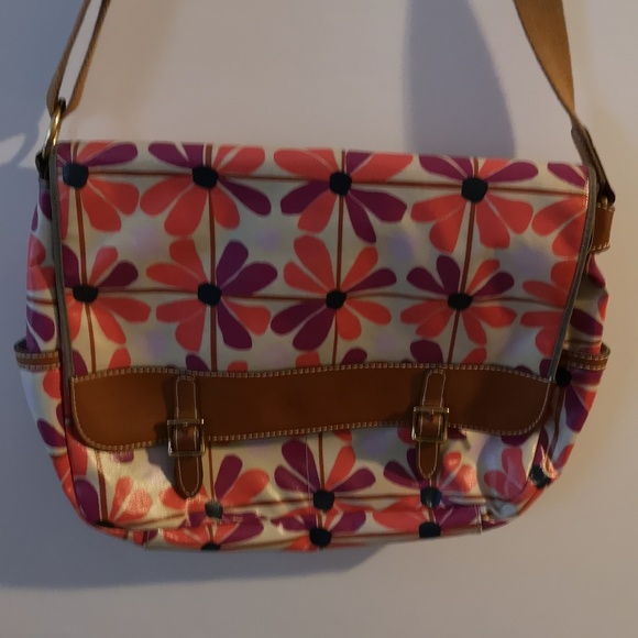 Fantastic Fossil Messenger Bag / Briefcase Orange & Purple Flowers Multi Pockets - Picture 2 of 13